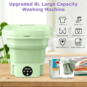 8L Foldable Mini Washing Machine,Portable Compact Washer with 3 Adjustable Modes,Semi-Dehydration,Detachable Drain Basket for Socks,Underwear (Color: Green)